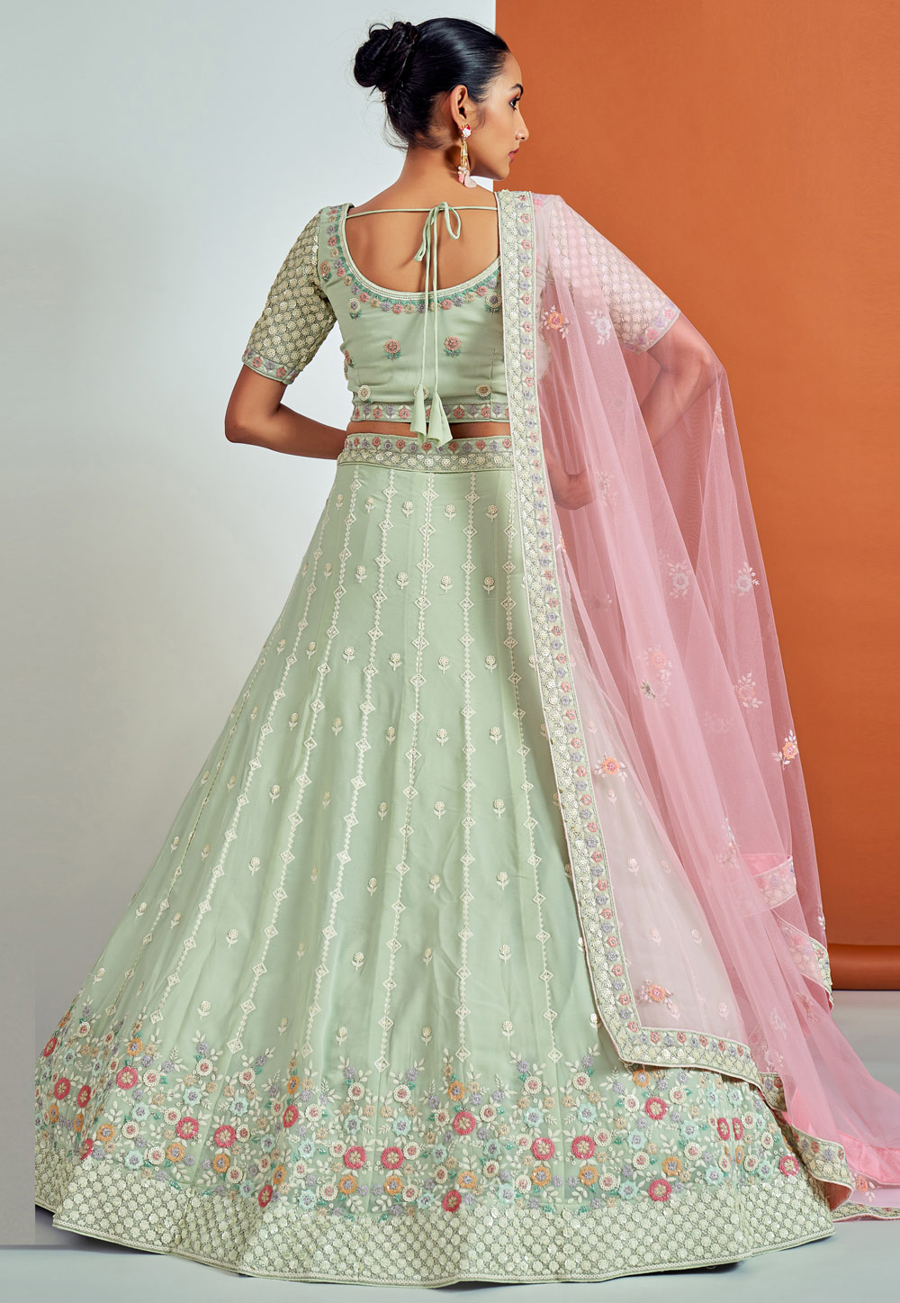 Buy Wedding Wear Pista Green Thread Work Organza Lehenga Choli Online From  Surat Wholesale Shop.