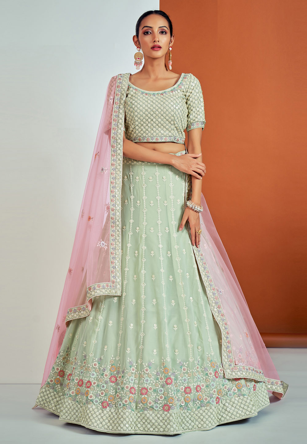 Pista Green Georgette A Line Lehenga Choli 262756