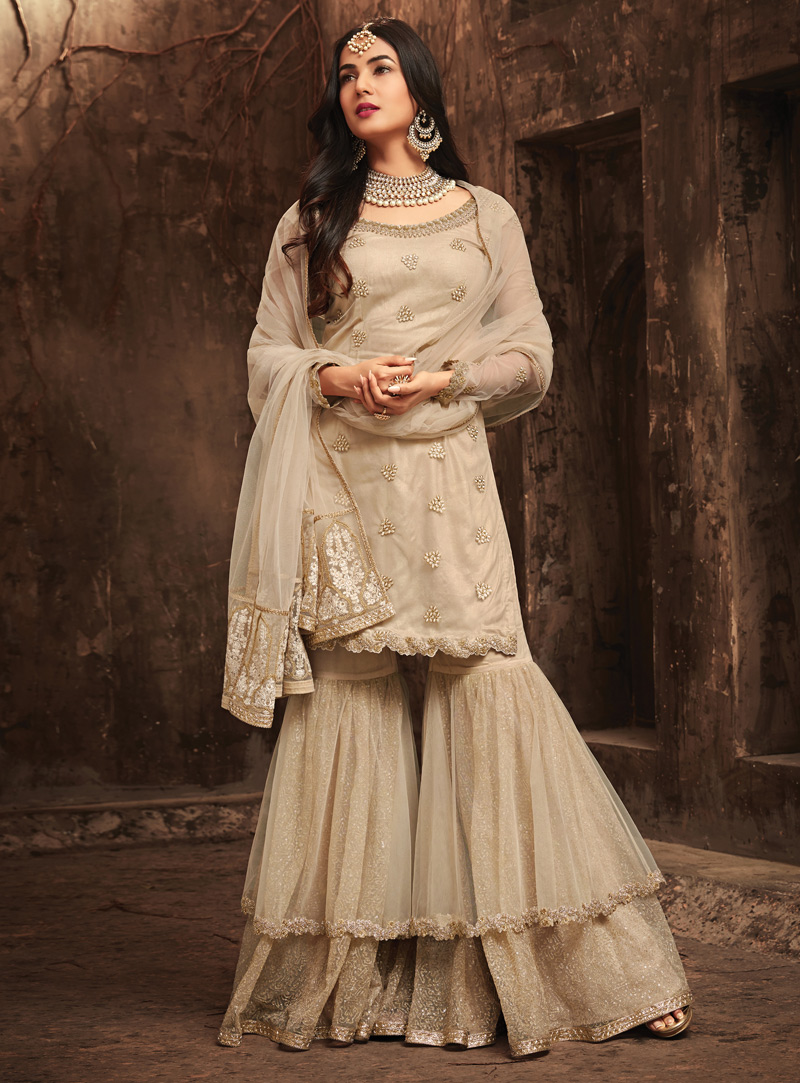 Sonal Chauhan Beige Net Sharara Style Suit 133746