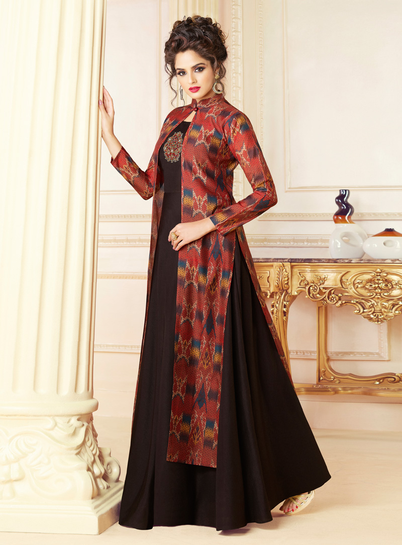 Black Chanderi Printed Gown 136677
