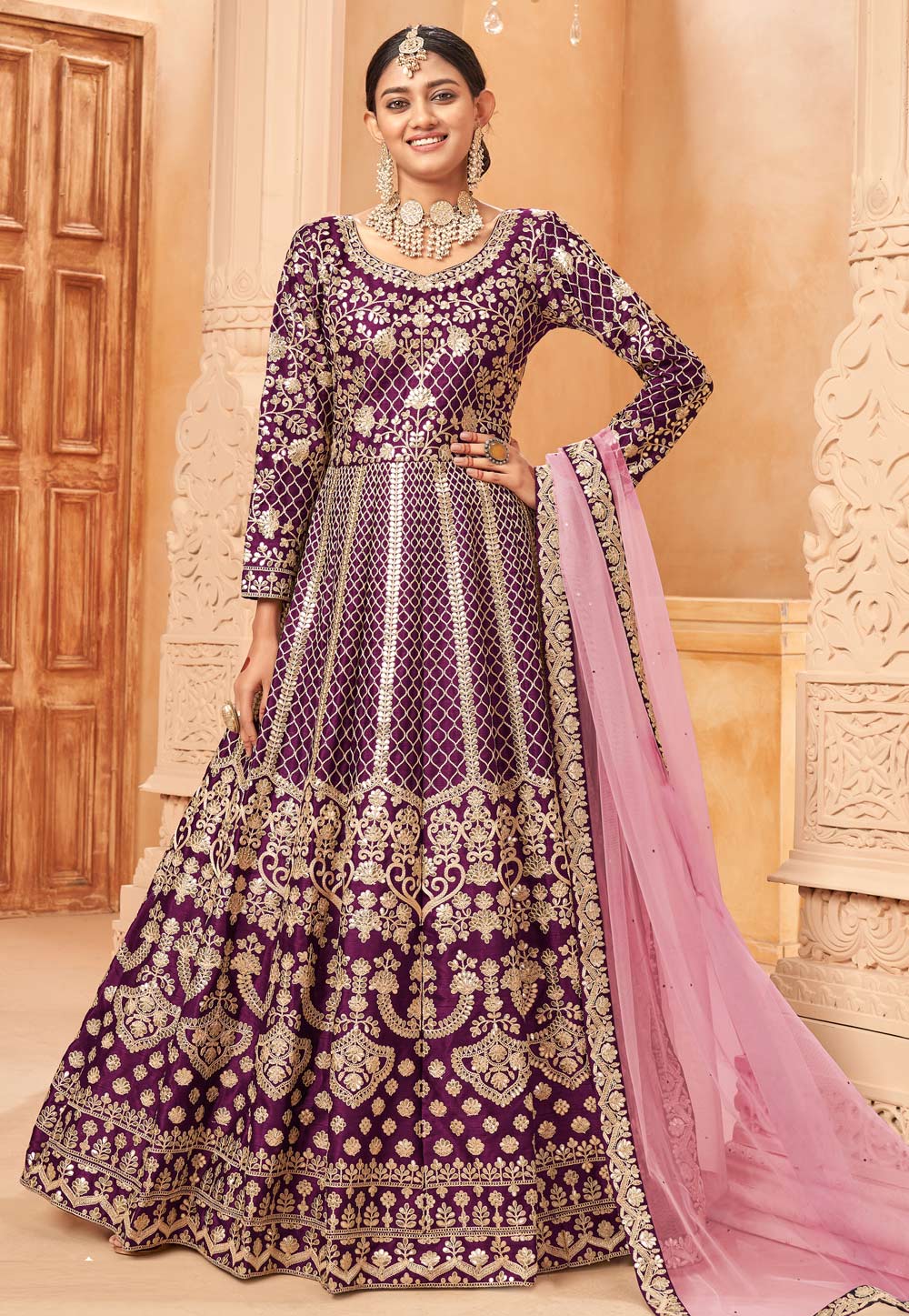 Purple Art Silk Embroidered Abaya Style Anarkali Suit 261138