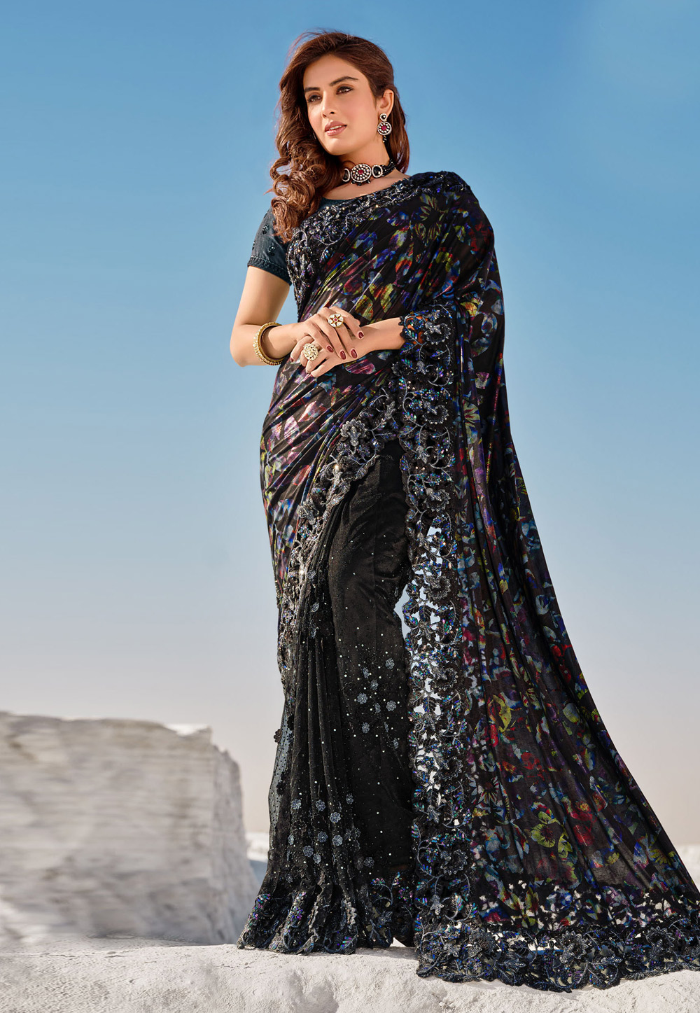 Black Net Saree With Blouse - Indian Cloth Store