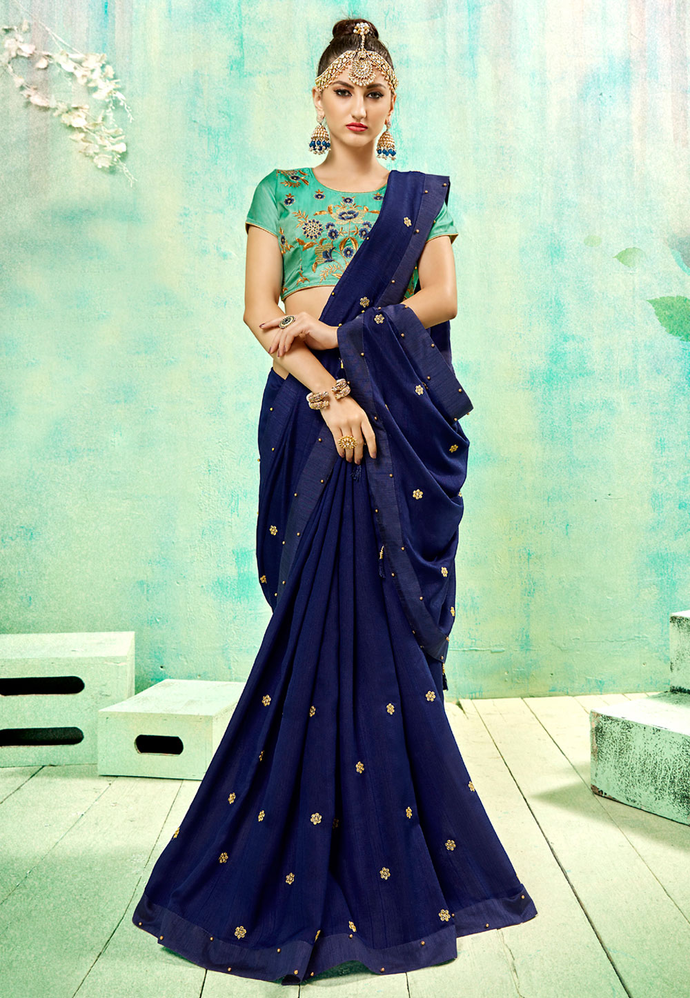 Navy Blue Georgette Saree With Blouse 163483