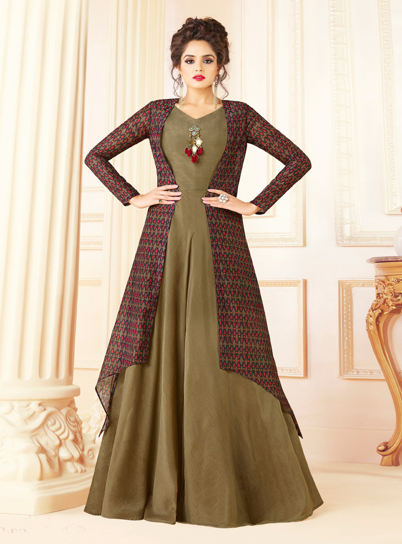 Olive Green Chanderi Printed Gown 136685