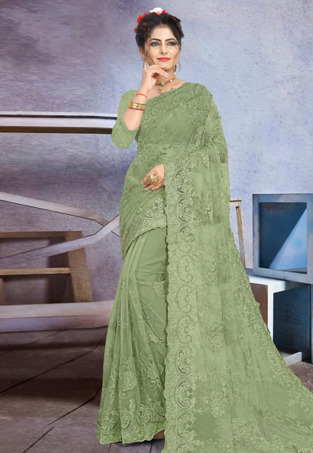 Green Net Saree With Blouse 205175