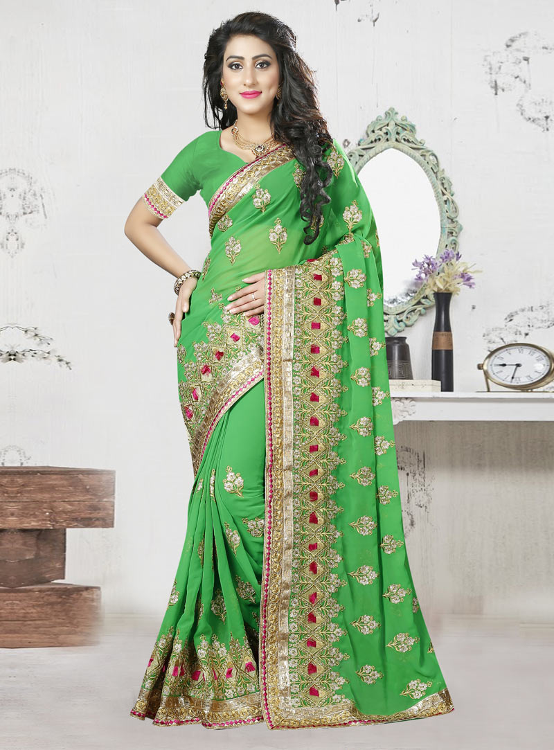 Green Georgette Embroidery Work Saree 82766