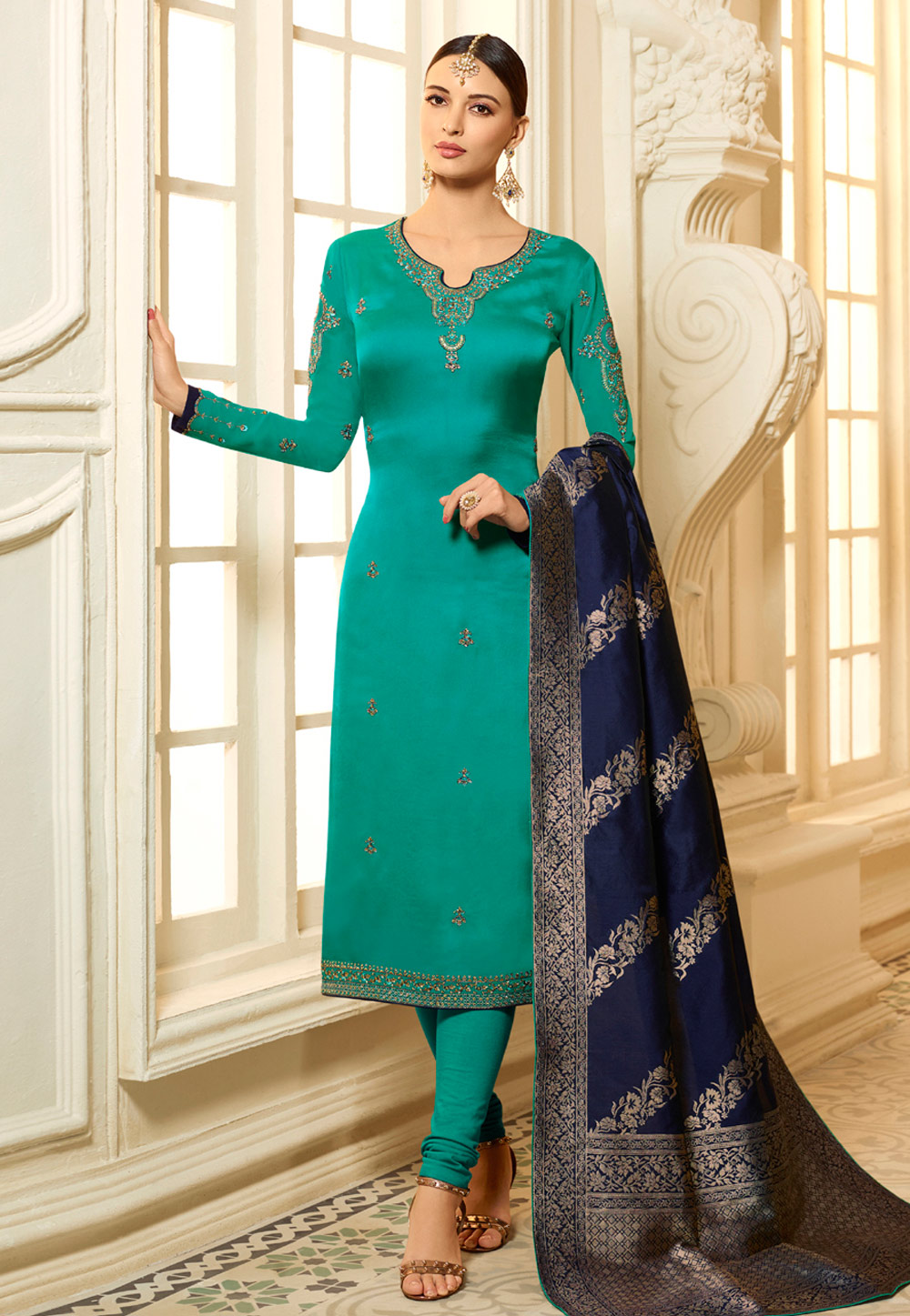 Turquoise Blue Satin Churidar Suit 163625