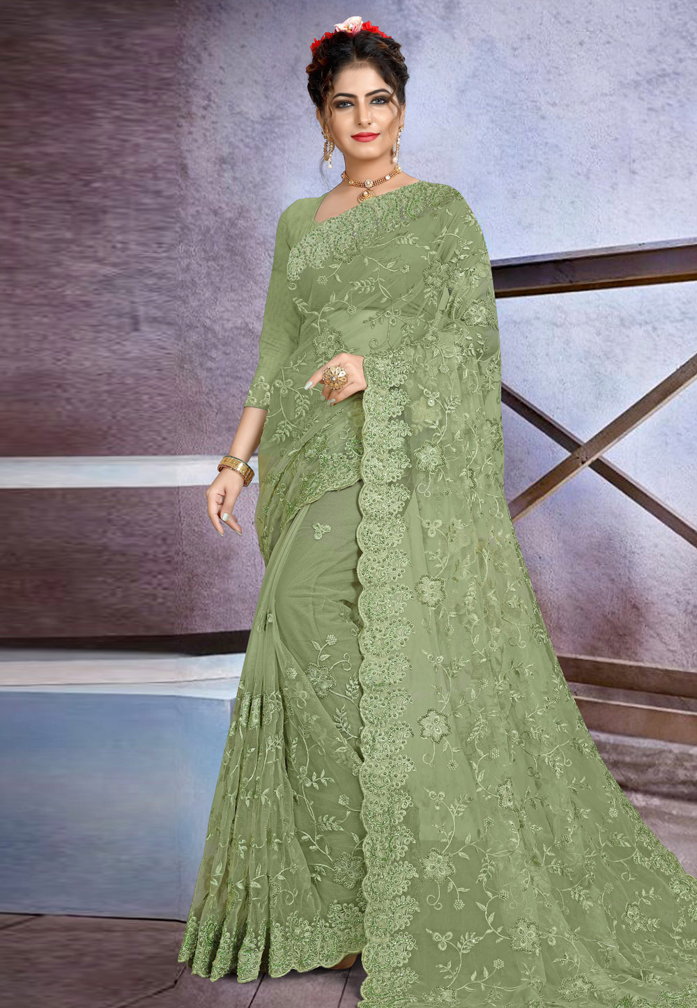 Green Net Saree With Blouse 205181