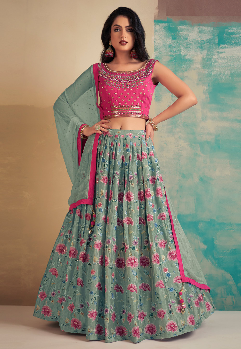 Sea Green Chinon Readymade Floral Lehenga Choli 262962