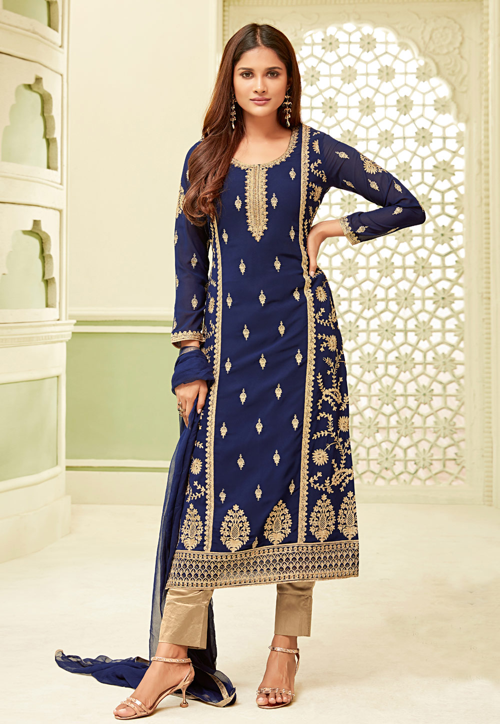 Navy Blue Georgette Pakistani Style Suit 154716