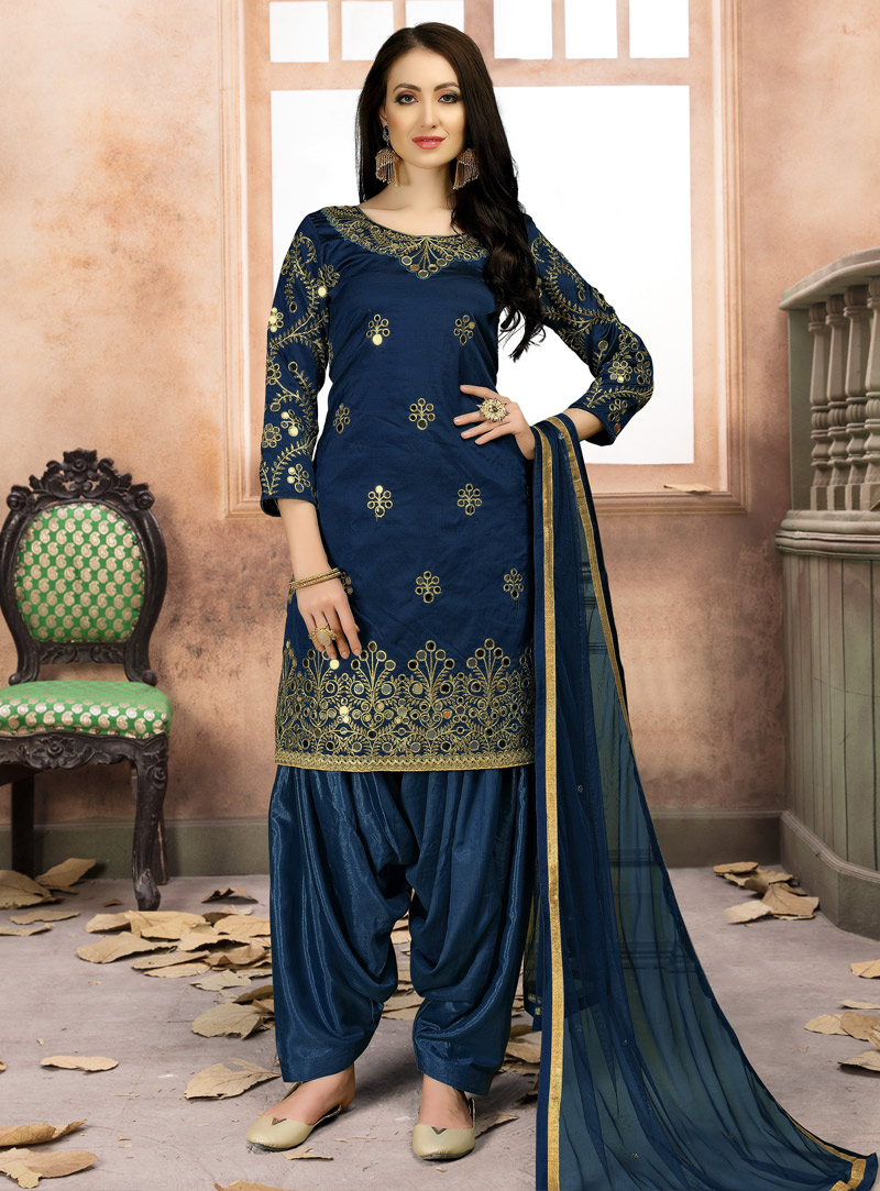 Blue Taffeta Silk Punjabi Suit 138520