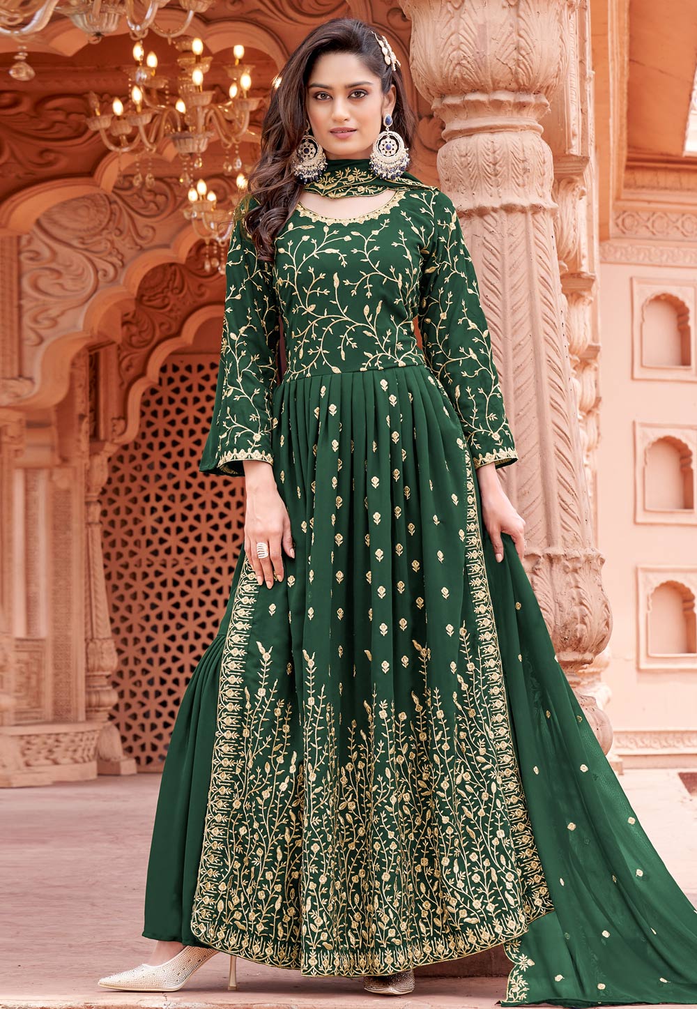 Green Faux Georgette Sharara Suit 261565