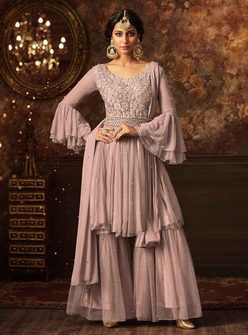 Light Pink Net Sharara Style Suit 137108