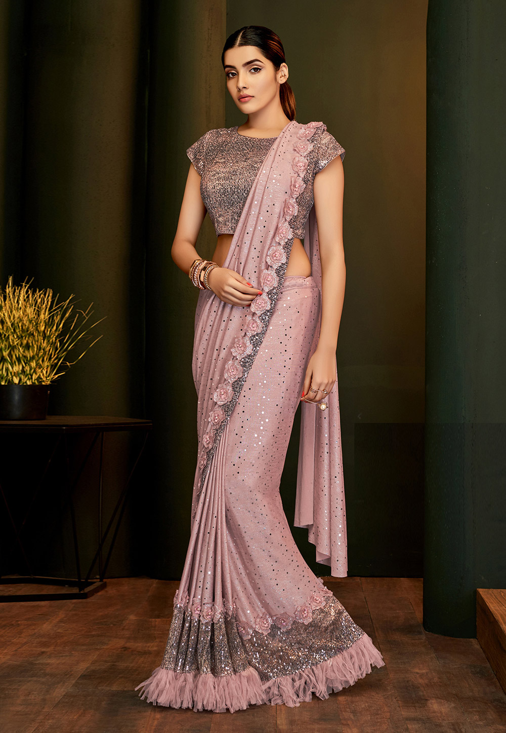 Pink Lycra Frilled Party Wear Saree 201662