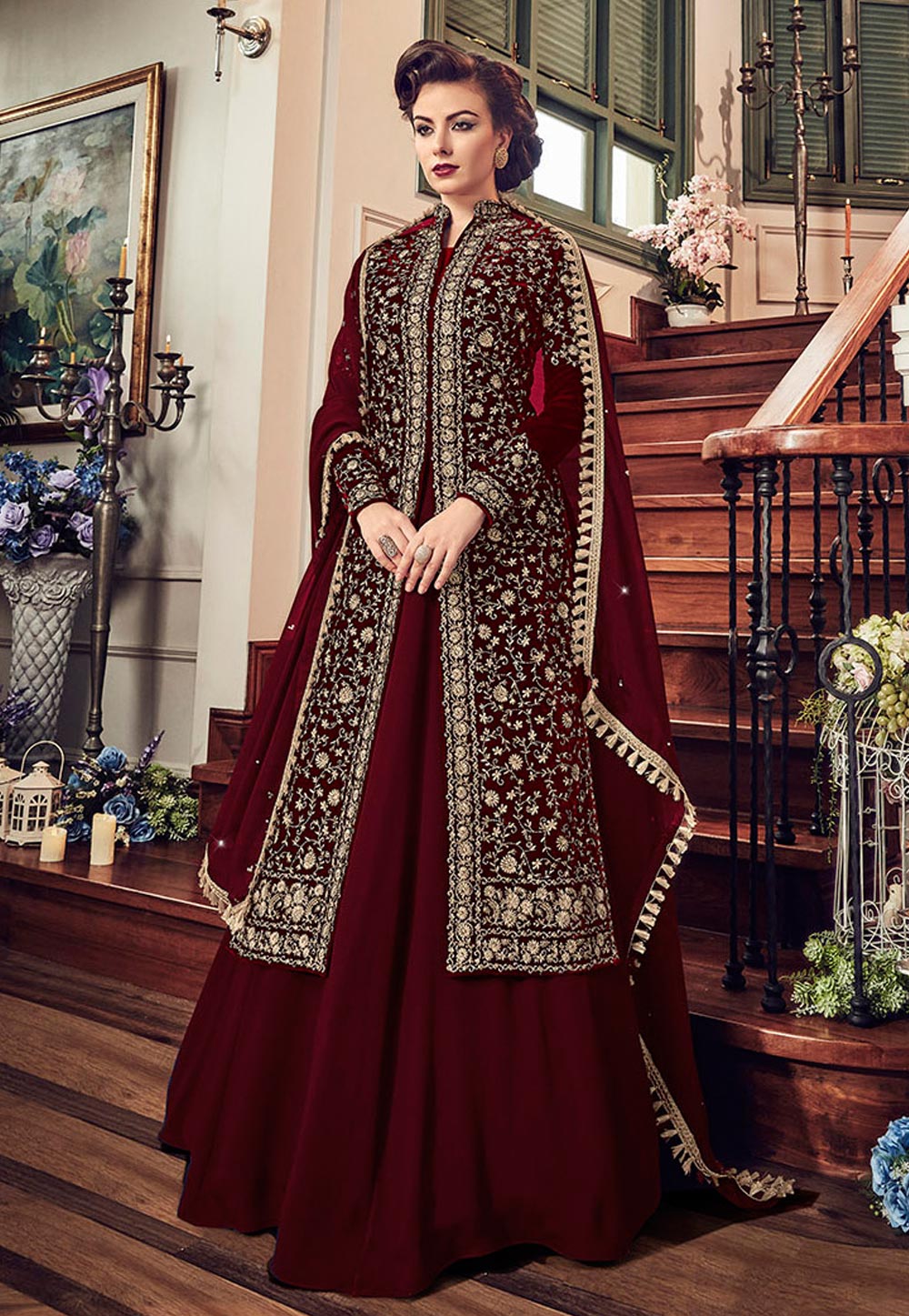 Maroon Velvet Long Anarkali Suit 154107