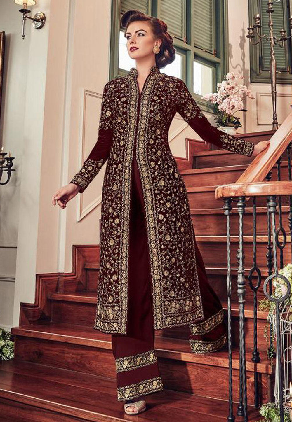 Maroon Velvet Palazzo Style Suit 154108