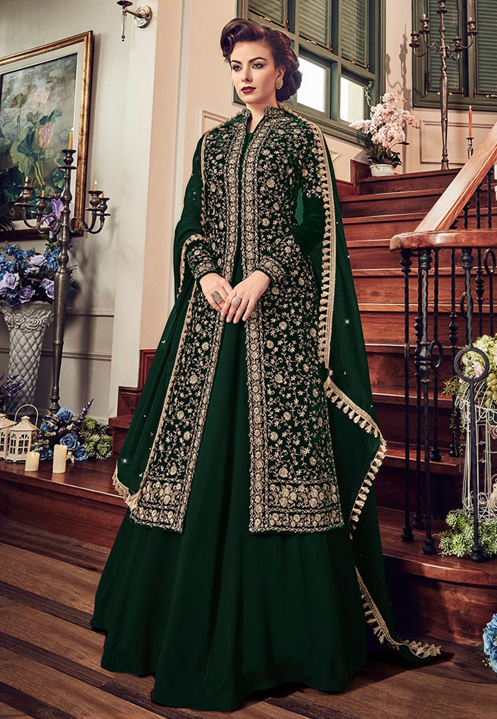 Green Velvet Long Anarkali Suit 154109