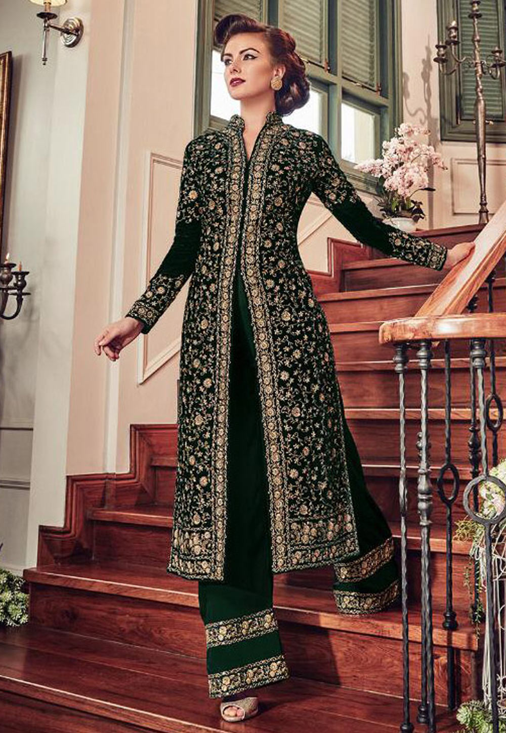 Green Velvet Palazzo Style Suit 154110
