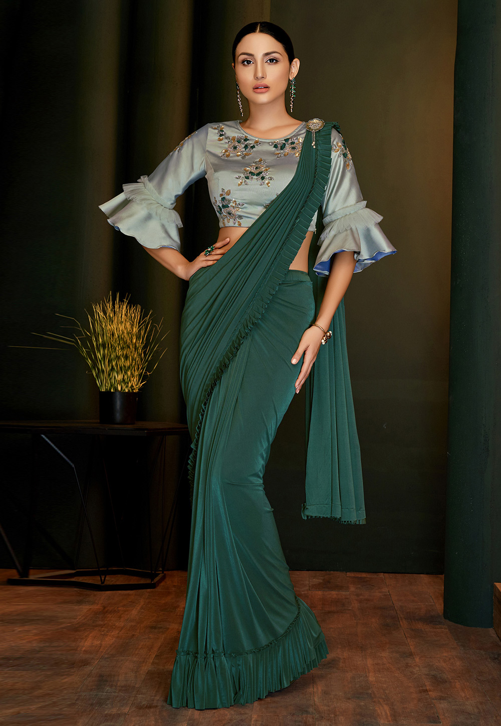 Green Lycra Frilled Party Wear Saree 201664