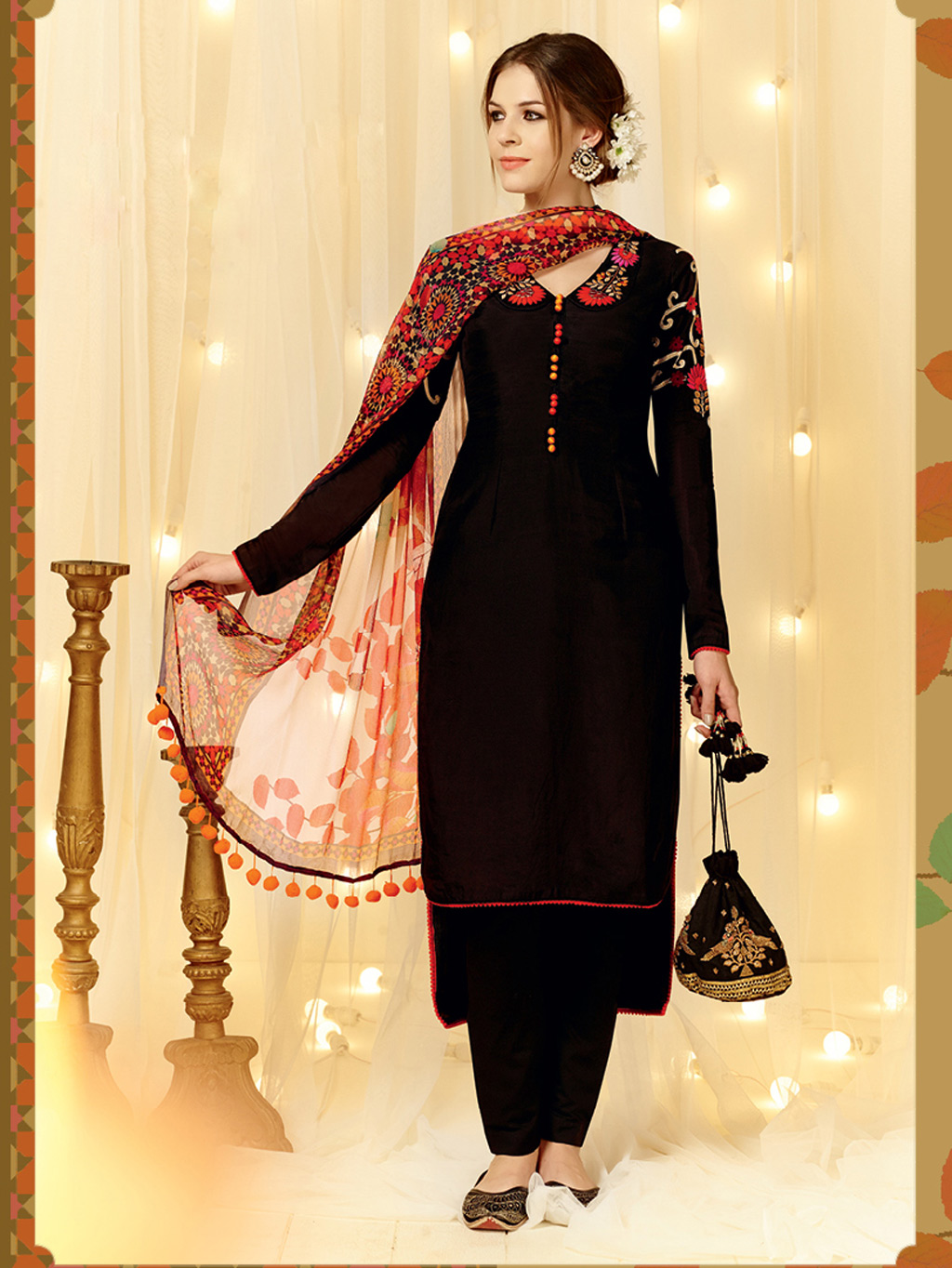 Black Cotton Satin Pakistani Style Suit 66123