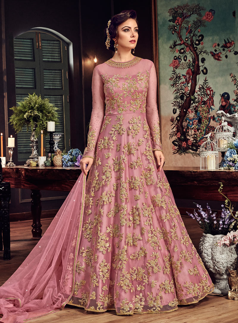 Pink Net Floor Length Anarkali Suit 142445