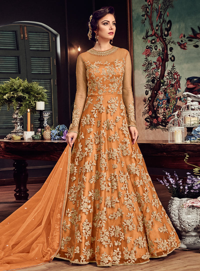 Orange Net Floor Length Anarkali Suit 148942