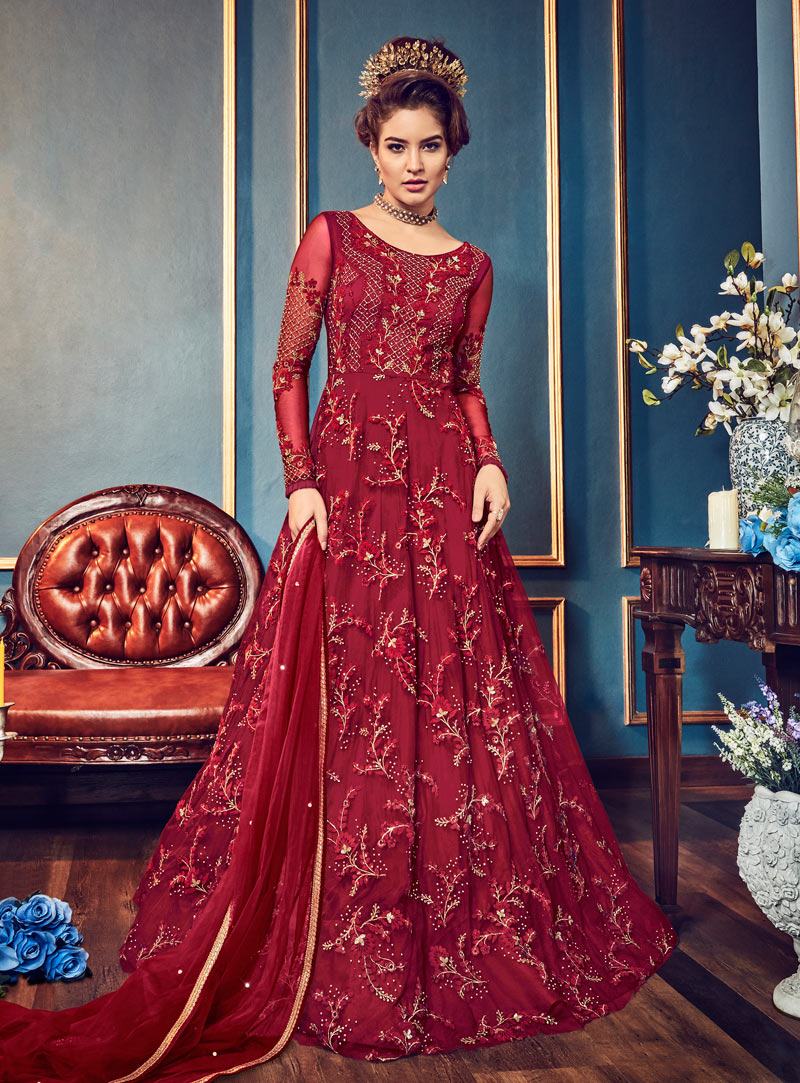 Red Net Floor Length Anarkali Suit 142446