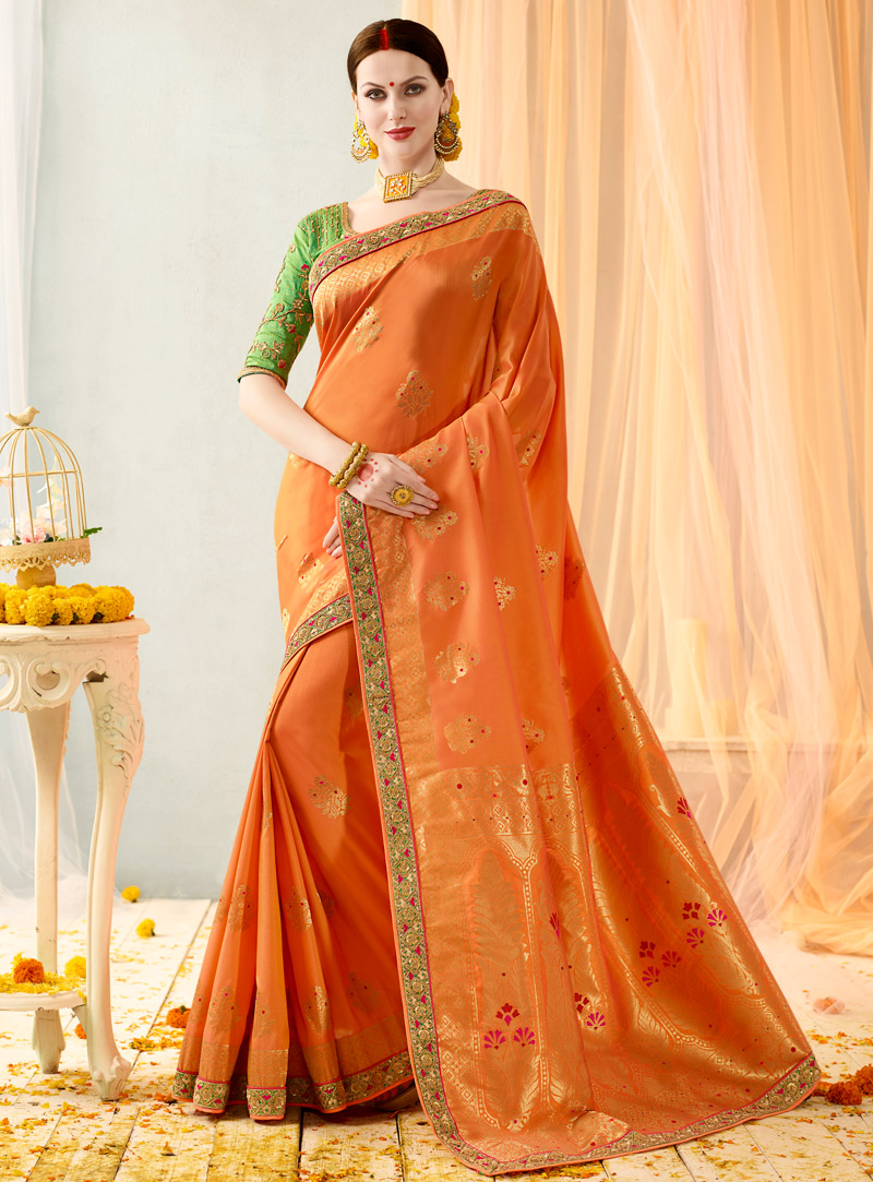 Orange Banarasi Silk Saree With Blouse 106586