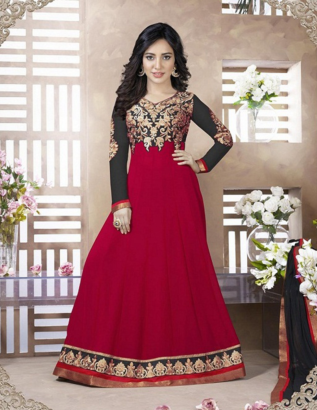 Neha Sharma Red Faux Georgette Bollywood Anarkali Suit 57150