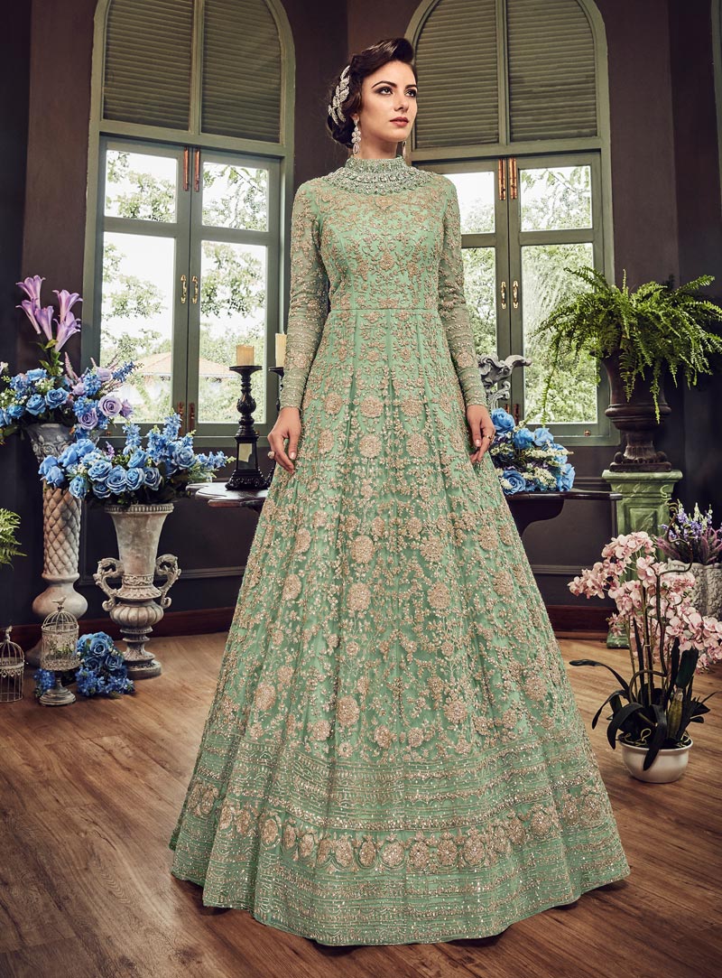 Green Net Floor Length Anarkali Suit 142448