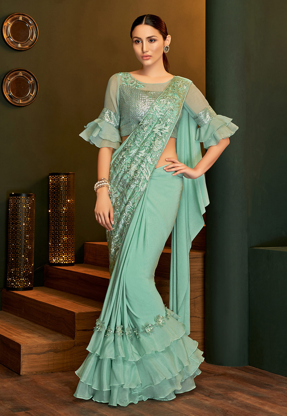 Sea Green Lycra Frilled Party Wear Saree 201669