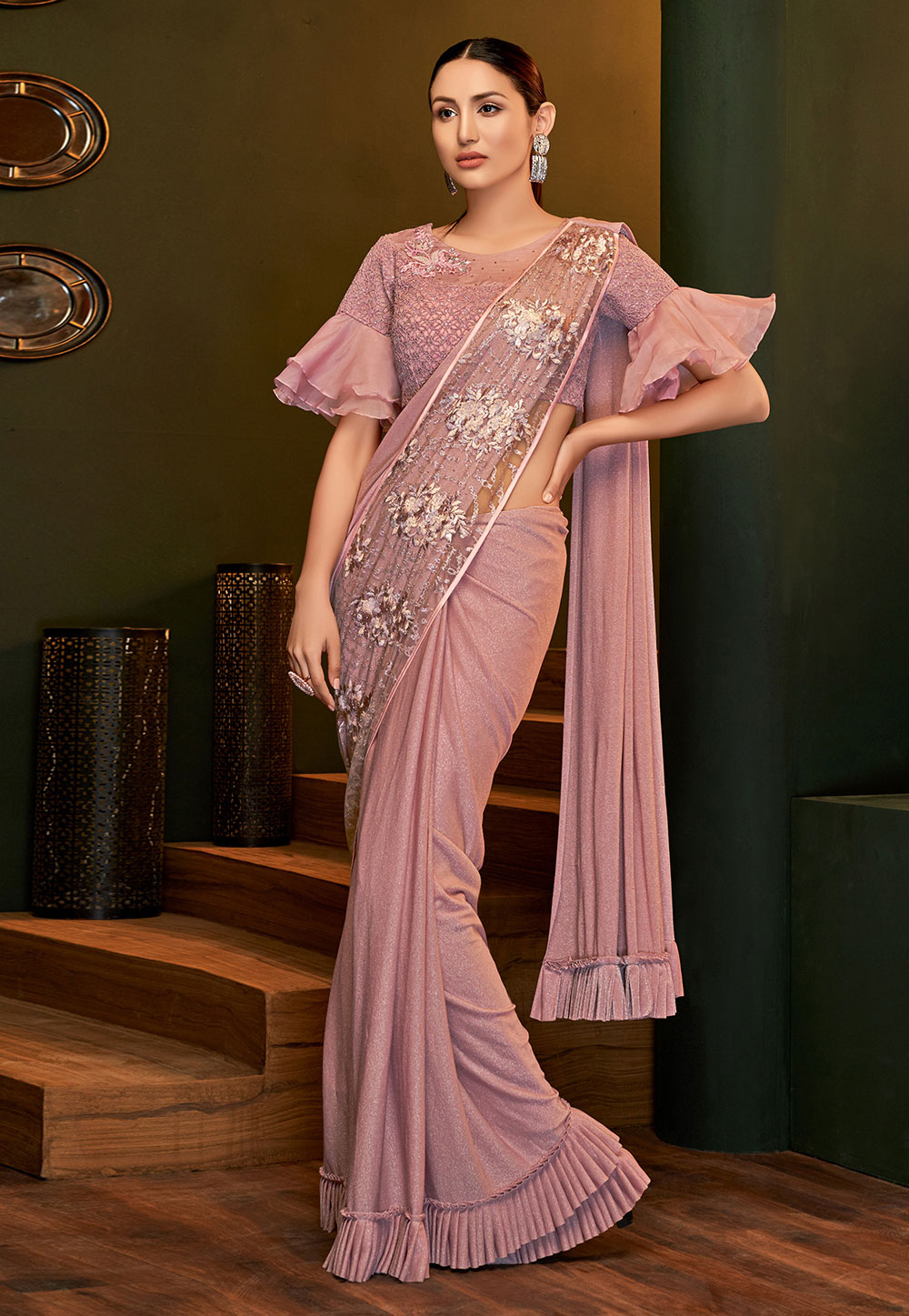 Pink Lycra Frilled Party Wear Saree 201673
