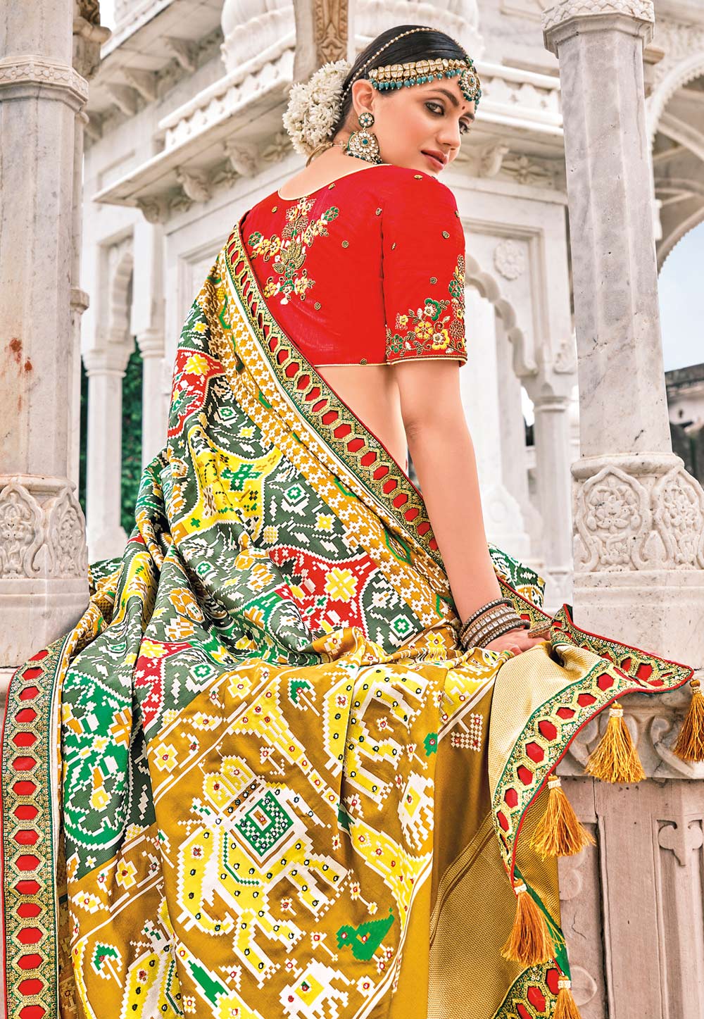 Mehendi Green Color Silk Chiffon Heavy Patola Print Work Designer Plus Size  Saree -6341168