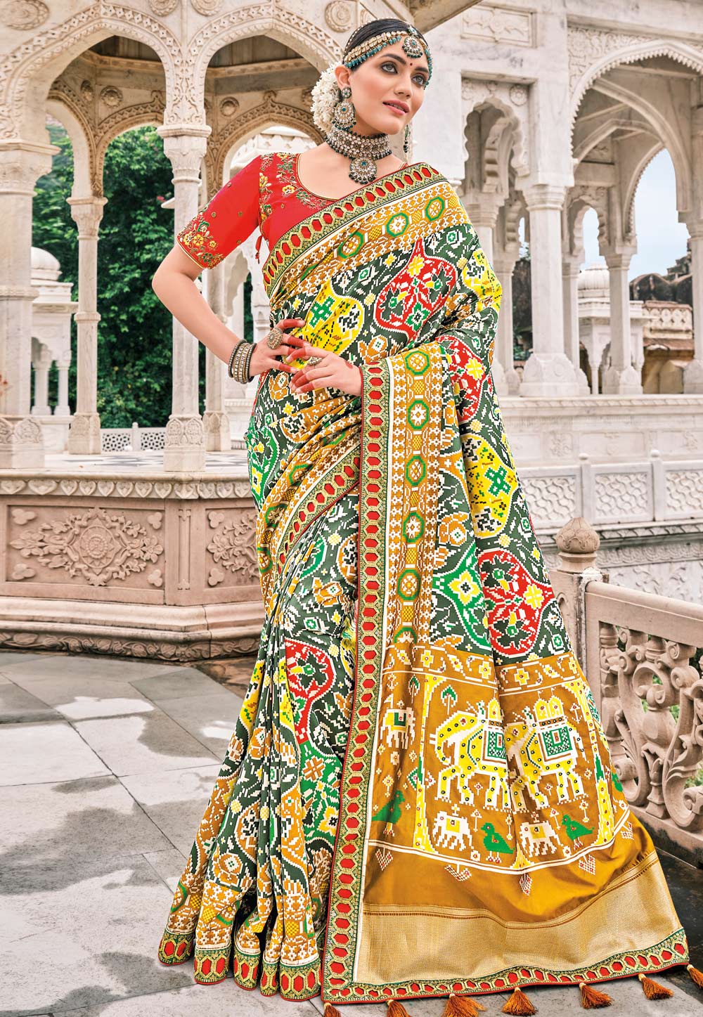 Cream printed pure patola saree with blouse - Shangrila Designer - 3897437