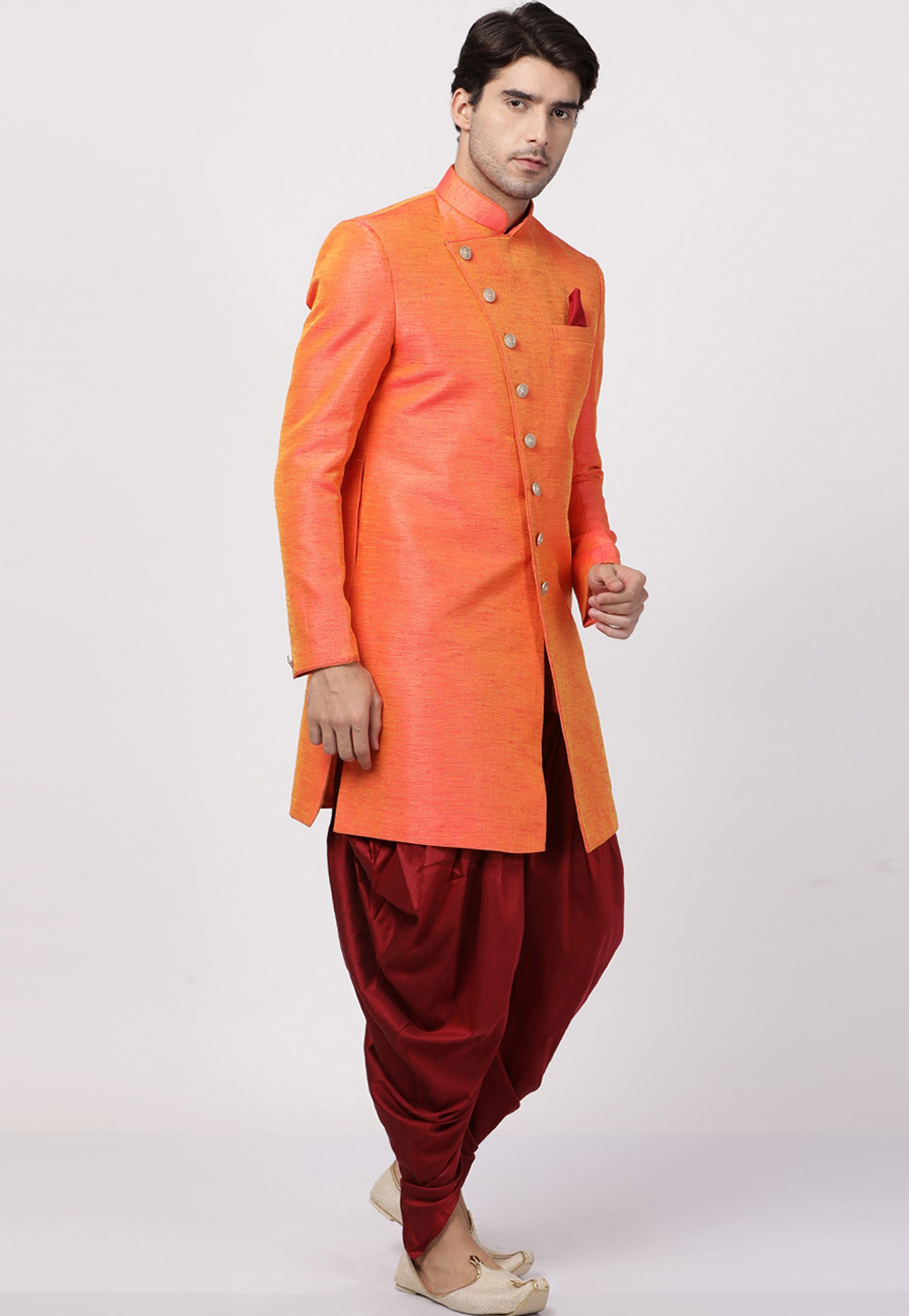 Orange Silk Dhoti Sherwani 235196