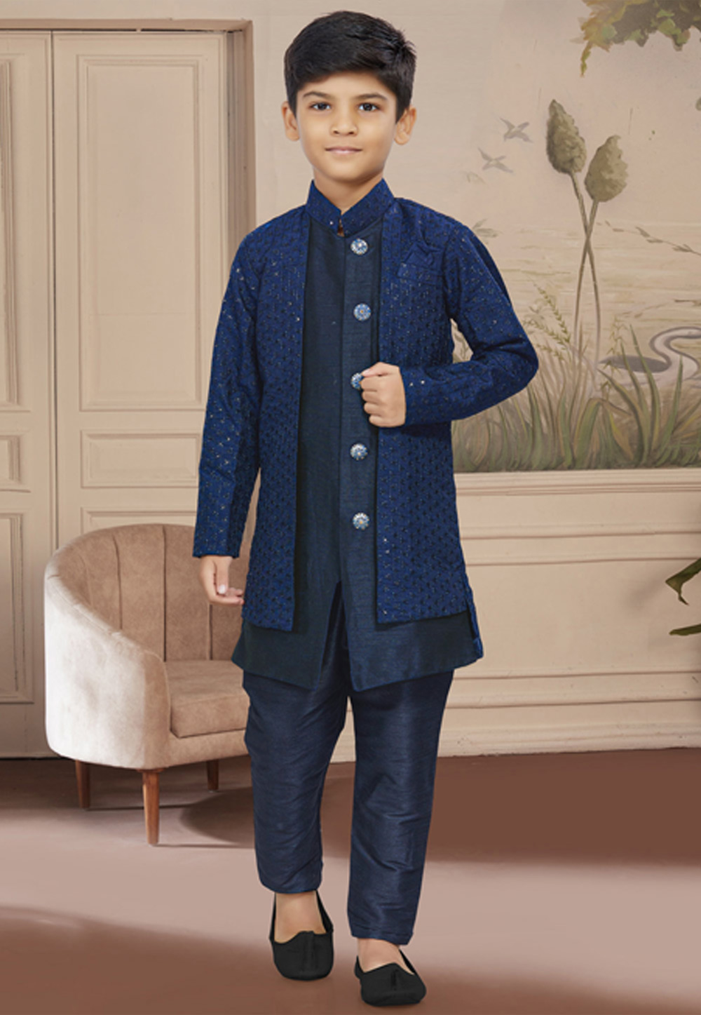 Navy Blue Jacquard Kids Indo Western Suit 267562