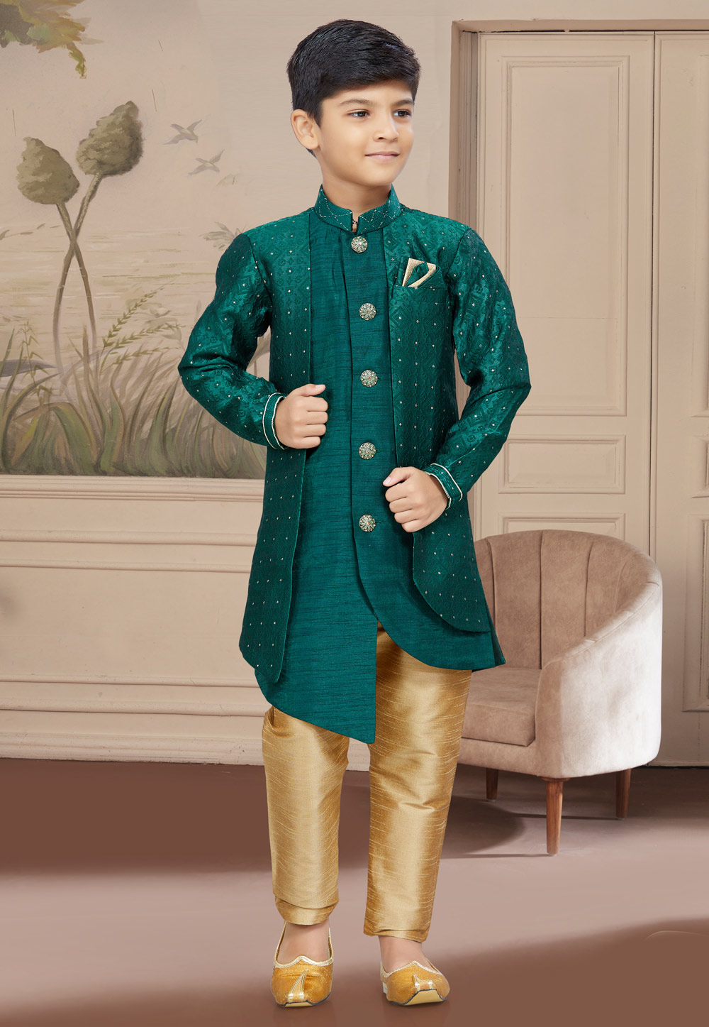 Green Banarasi Jacquard Kids Indo Western Suit 267563