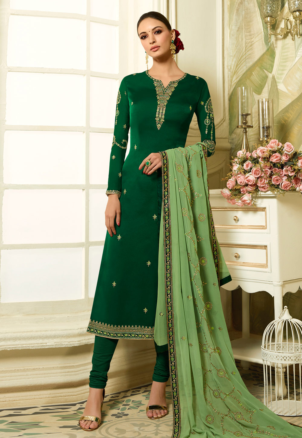 Green Satin Churidar Suit 164517