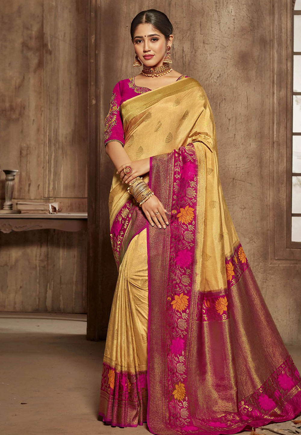Yellow Jacquard Festival Wear Embroidered Saree 164622