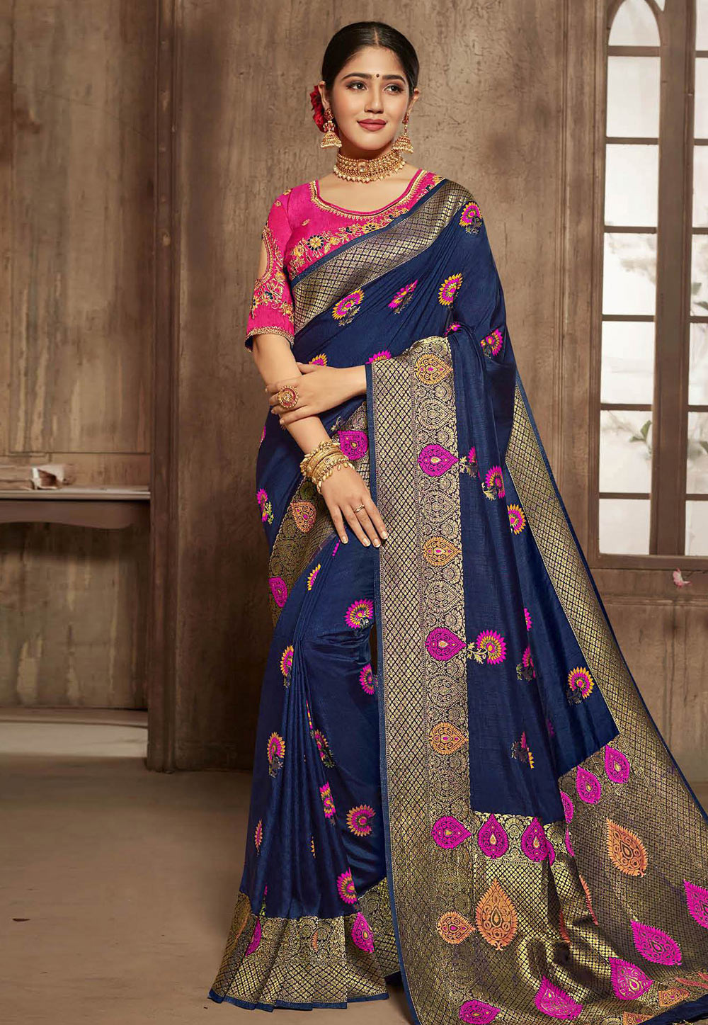 Navy Blue Jacquard Saree With Embroidered Blouse 164623