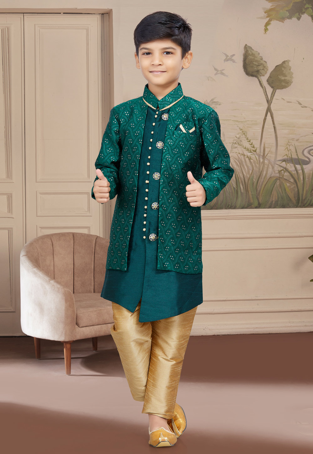 Green Banarasi Jacquard Kids Indo Western Suit 267565