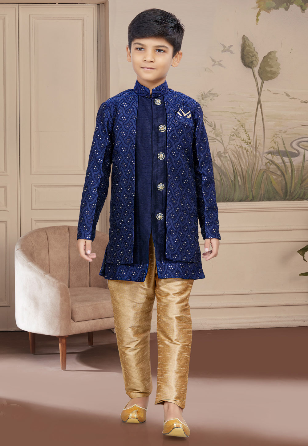 Navy Blue Banarasi Jacquard Kids Indo Western Suit 267566