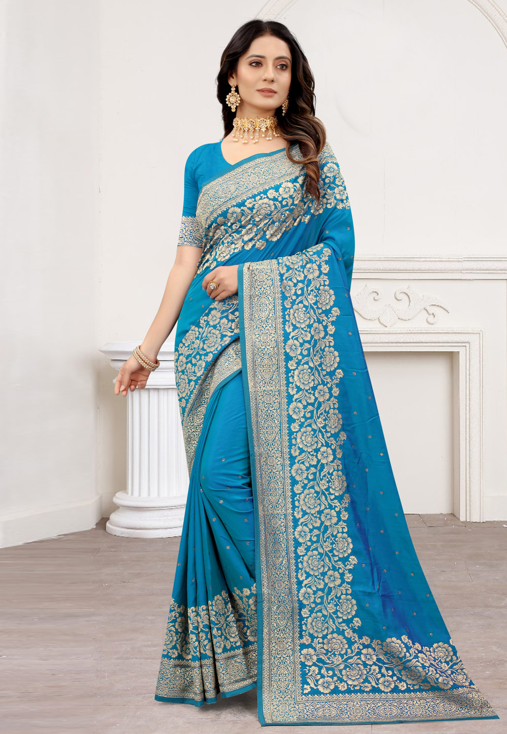 Sky Blue Satin Silk Saree With Blouse 243686