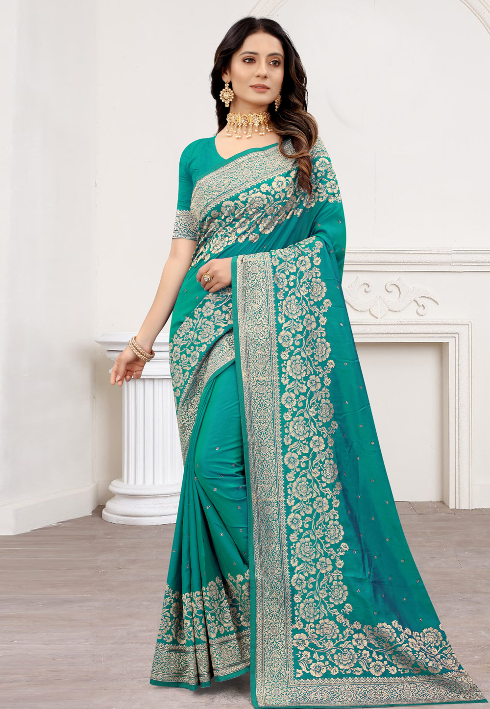 Turquoise Satin Silk Festival Wear Saree 243689