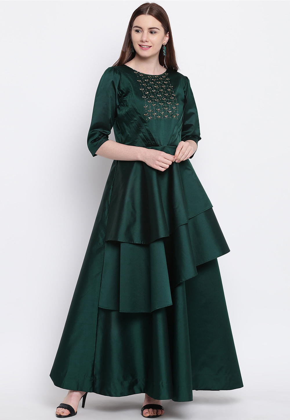 Green Taffeta Readymade Layered Gown 165117