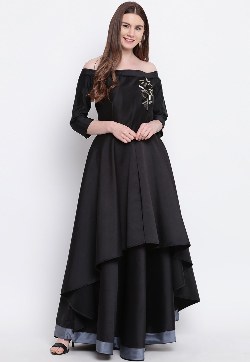 Black Readymade Designer Layered Gown 165118
