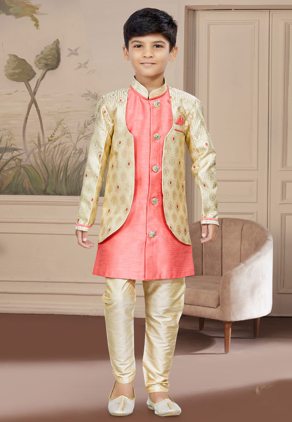 Pink Jacquard Silk Kids Indo Western Suit 267567