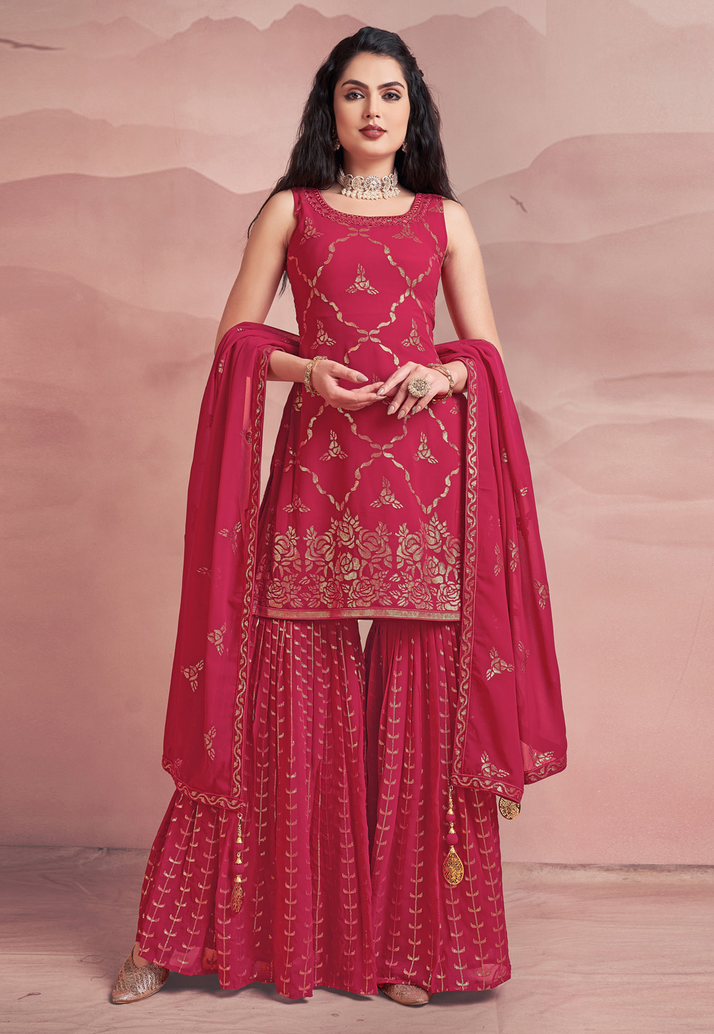 Magenta Georgette Readymade Sharara Suit 262954