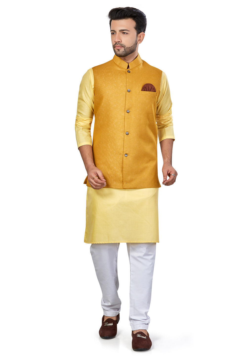 Yellow Linen Kurta Pajama With Jacket 243480