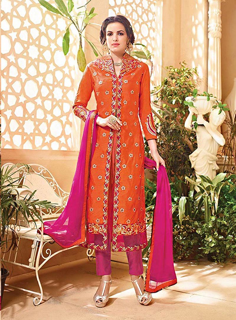 Orange Silk Pakistani Style Suit 72372